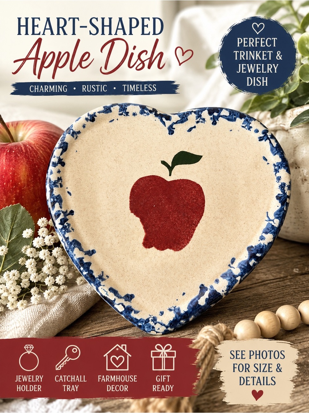 Heart Shaped Apple Spongeware Pottery Trinket Dish Farmhouse Decor